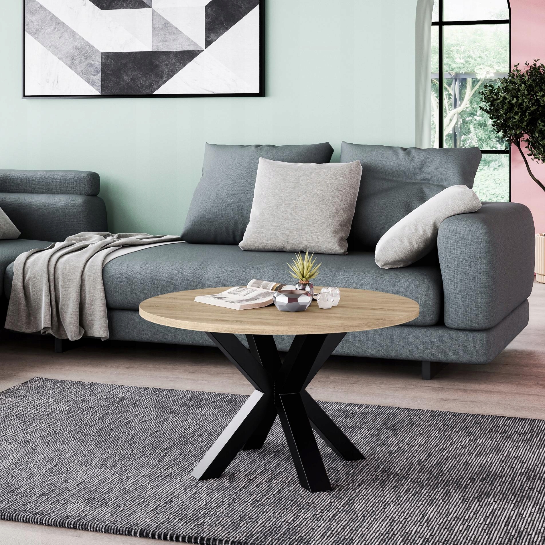 Kávový stolek Dub Sonoma loft kulatý, kovová lavice černá, stolek 90