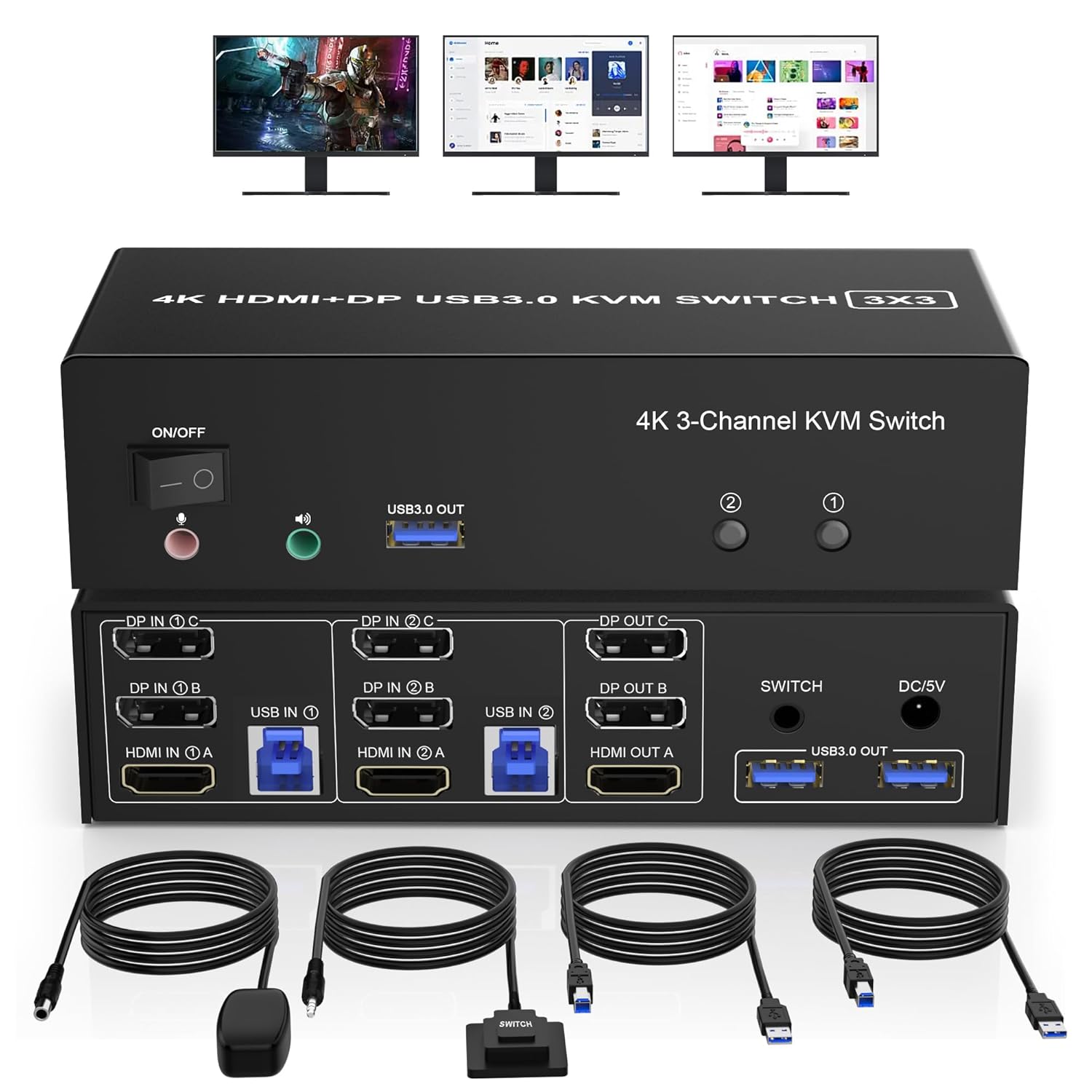 Przełącznik Kvm Hdmi Displayport 3 monitory 2 komputery 4K 3x Usb 3.0