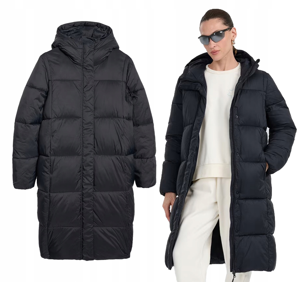 Dámský péřový kabát 4F s prošívanou dlouhou bundou s kapucí F586 černý L