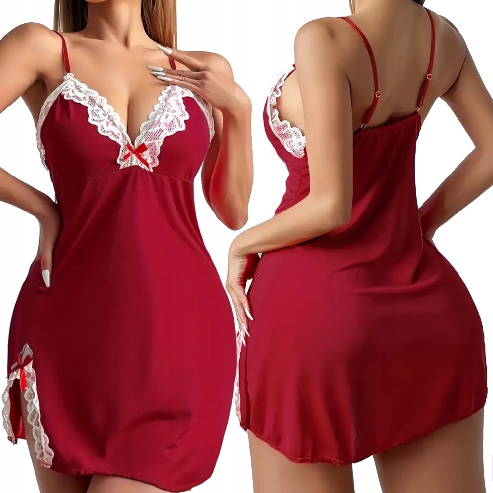 ZMYSŁOWA KOSZULKA NOCNA KORONKOWA PIŻAMA DAMSKA KOMPLET SEXY HALKA STRINGI Kolor czerwony