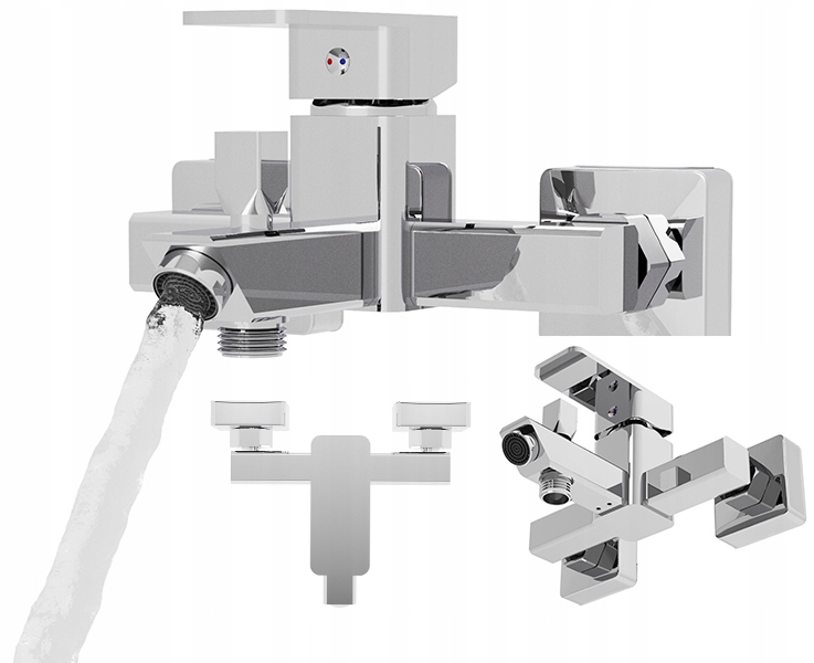 Kúpeľňová vaňová batéria Štvorcová Caro strieborná s hadicou