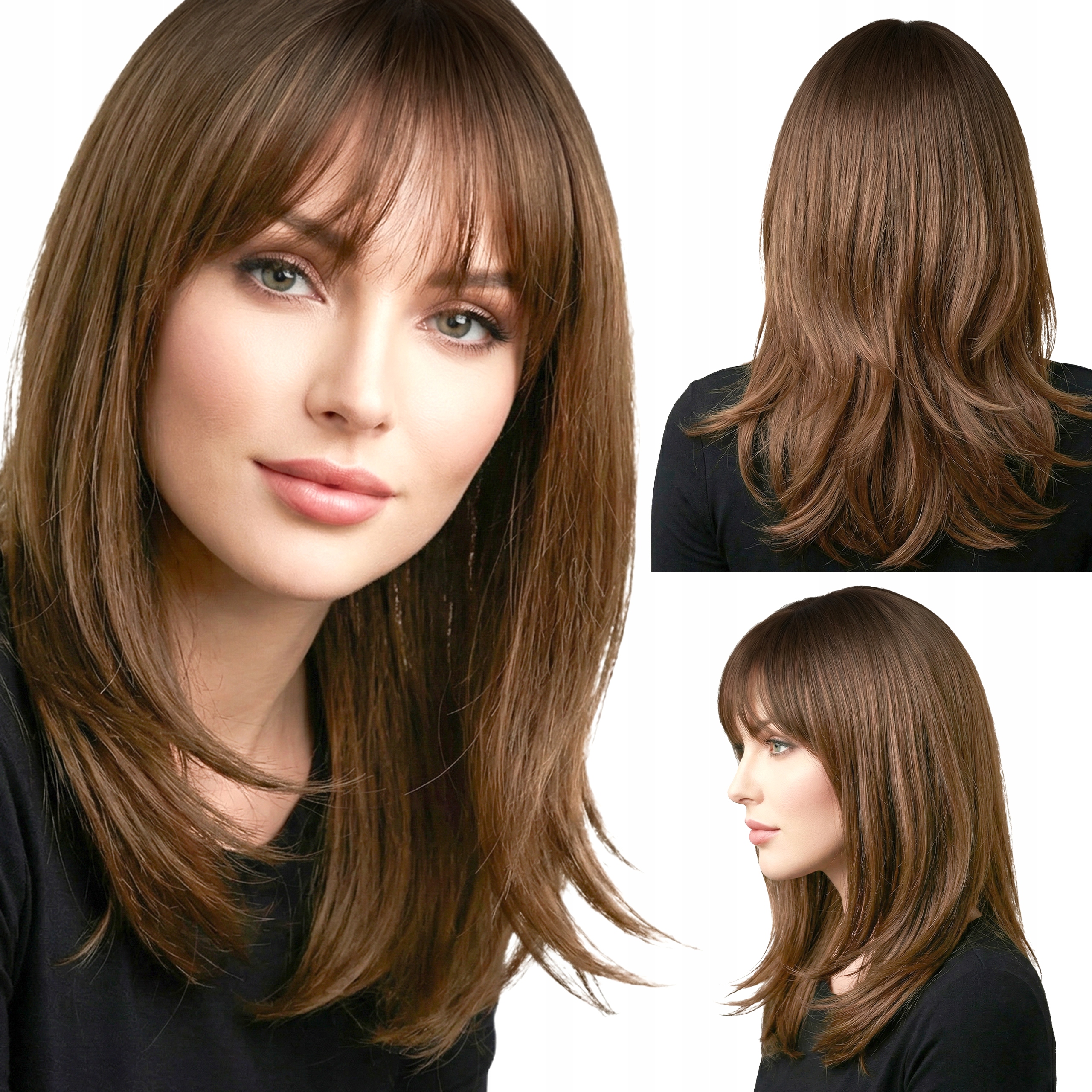 Peruka Syntetyczna Włosy Sztuczne Cieniowana Brązowa Ombre z Grzywką 45cm