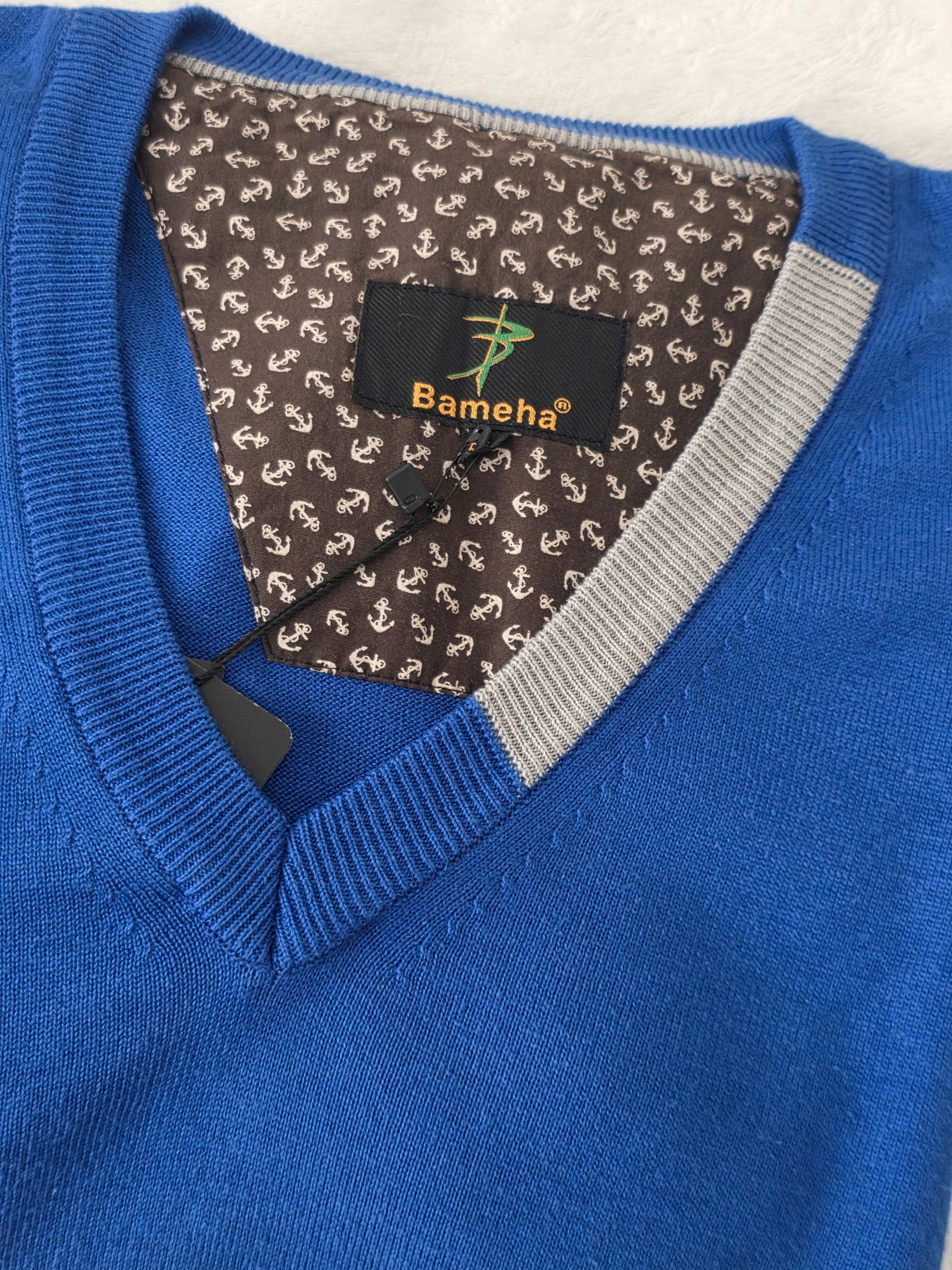 Bameha pánský svetr tenký výstřih špic/sýr Velký modrý 5XL 1812