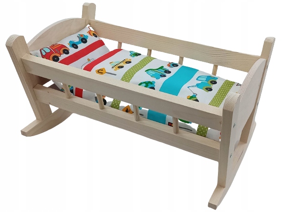 KOŁYSKA DREWNIANA dla lalek NIEMALOWANA + POŚCIEL