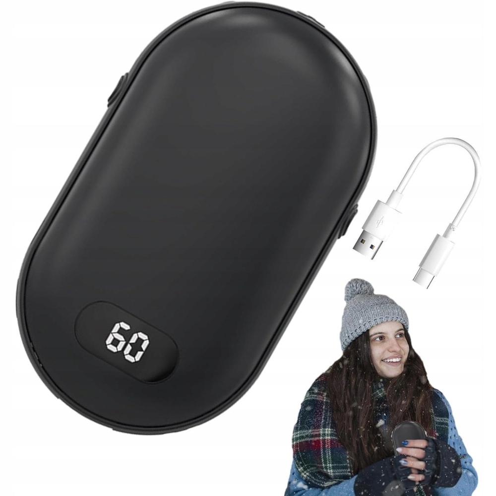 ELEKTRYCZNY OGRZEWACZ DO RĄK POWER BANK 2W1 USB PODGRZEWACZ DŁONI CZARNY Waga 167 g