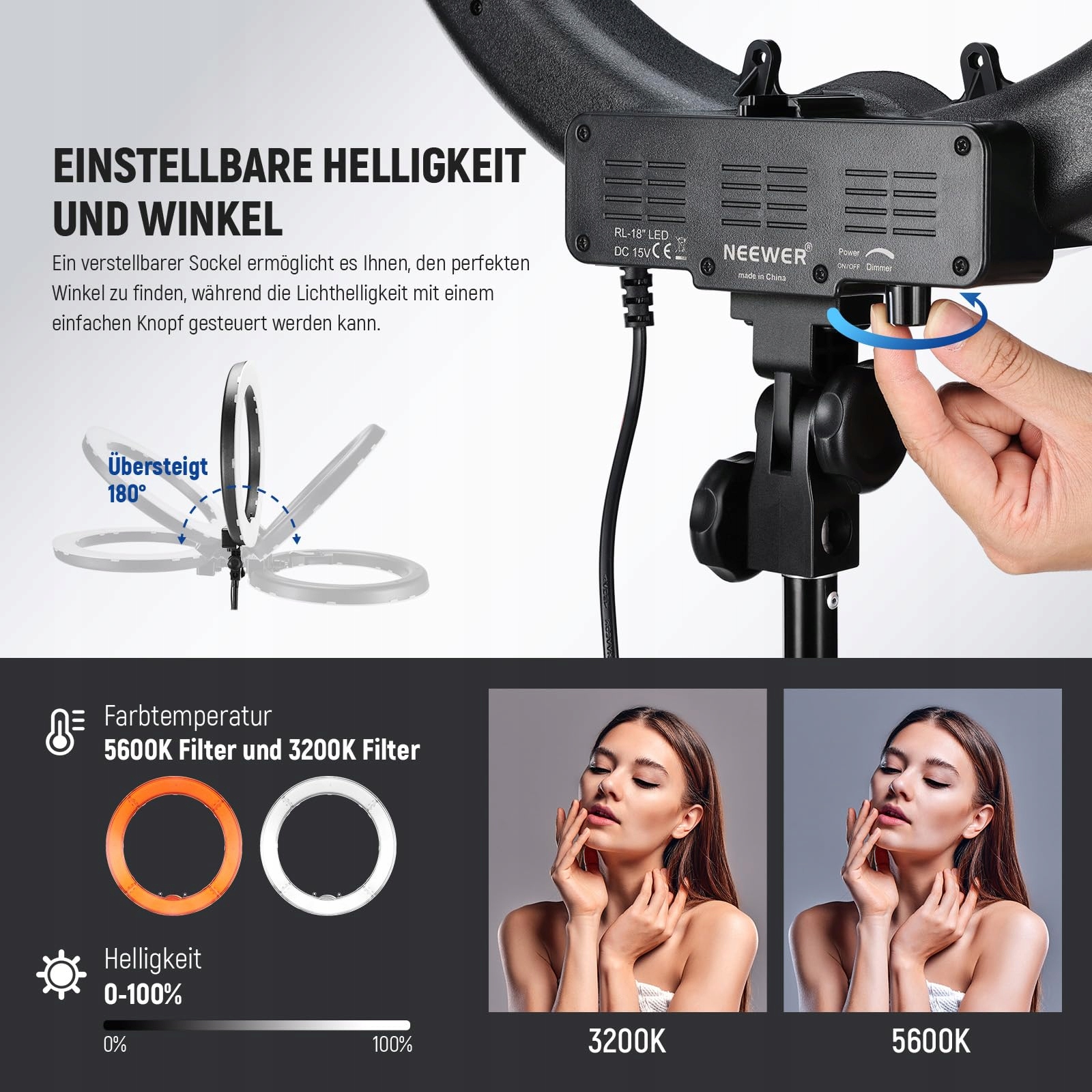 NEEWER Zestaw Pierścieniowy LED 18 Calowy 55W 5600K Z Bluetooth Do Selfie — miniatura 3