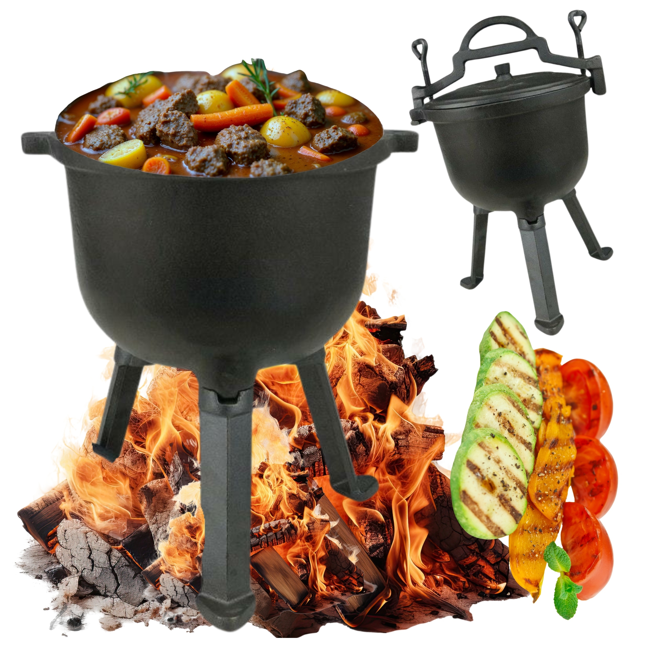 Litinový Kotlík lovecký smaltovaný stojící Hrnec na oheň gril 5L