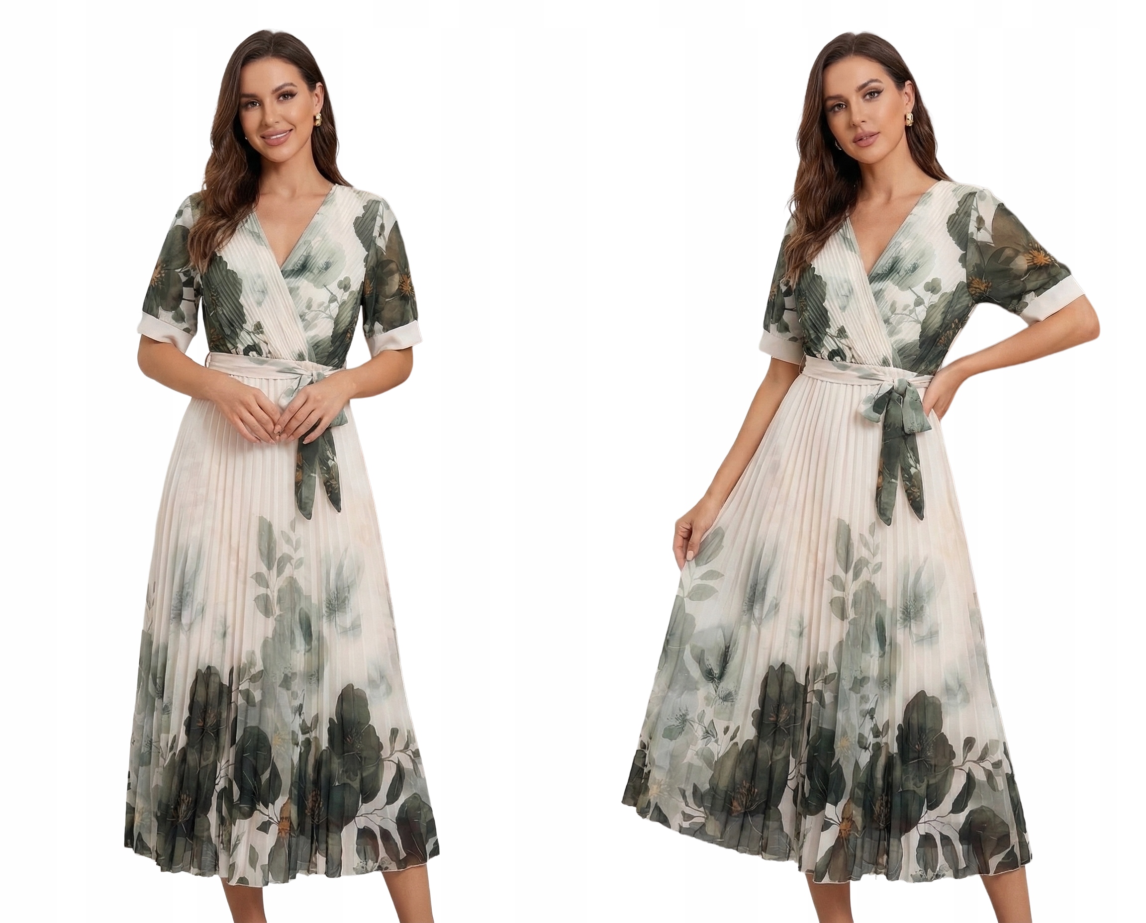 Šaty Midi Letní Květy Výstřih Plisovaná Gumička v pase Zelená Svatební Hostina