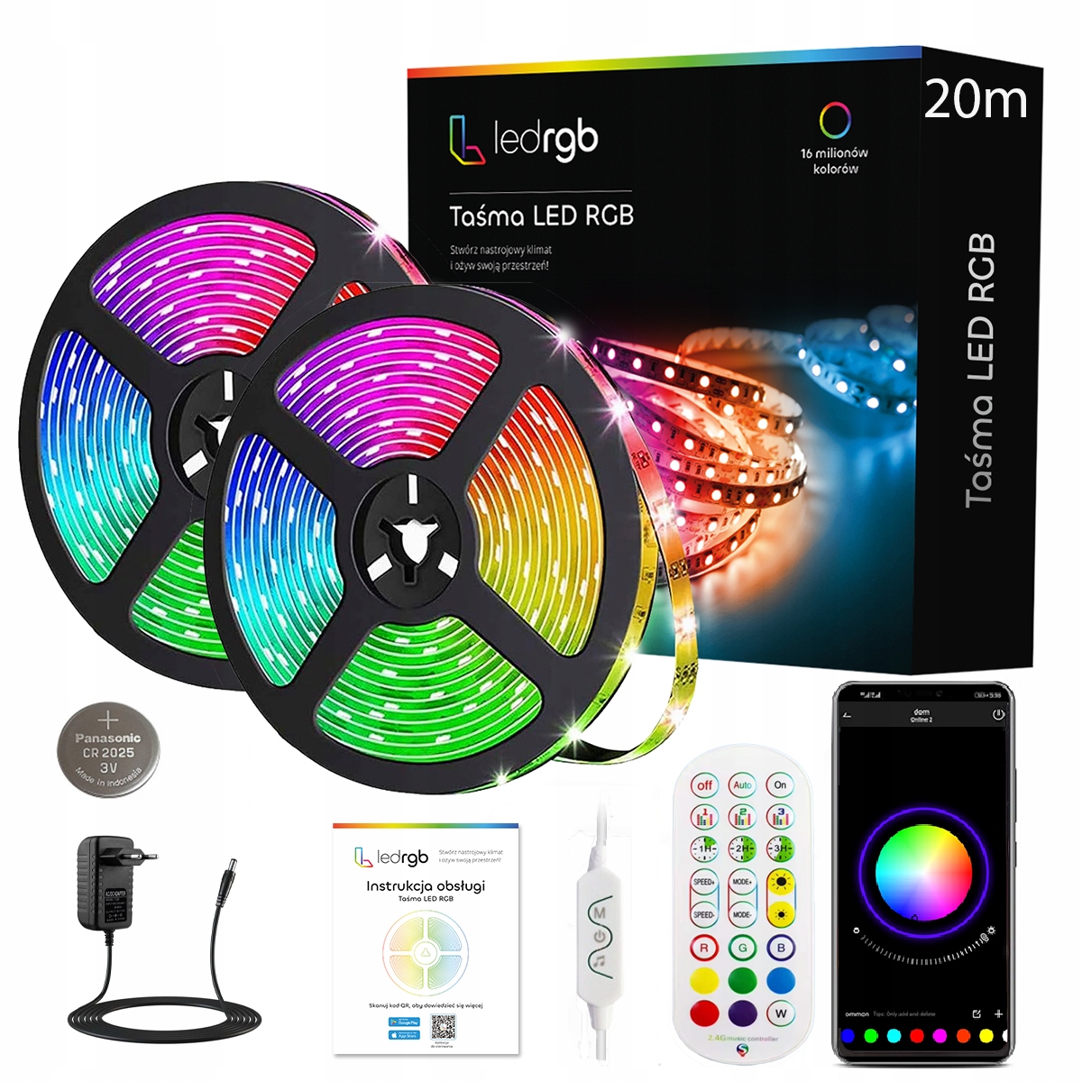 Taśma Led 20M Rgb 5050 Aplikacja Pilot Radiowy 2.4G Muzyka Zestaw 600 Led