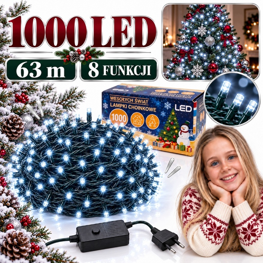 Vánoční Osvětlení Na Stromeček 1000 Led 63 M Studená Bílá 8 Funkcí Na Vánoční Stromeček