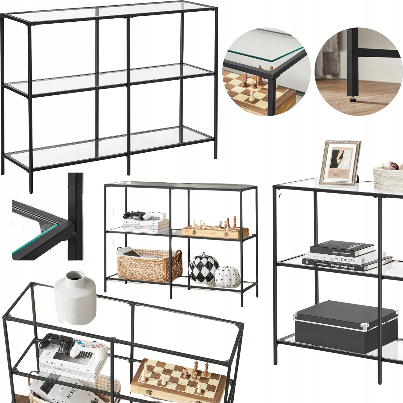 Konzola do obývačky Čierna 3 police Úzky pomocný konferenčný stolík Glamour