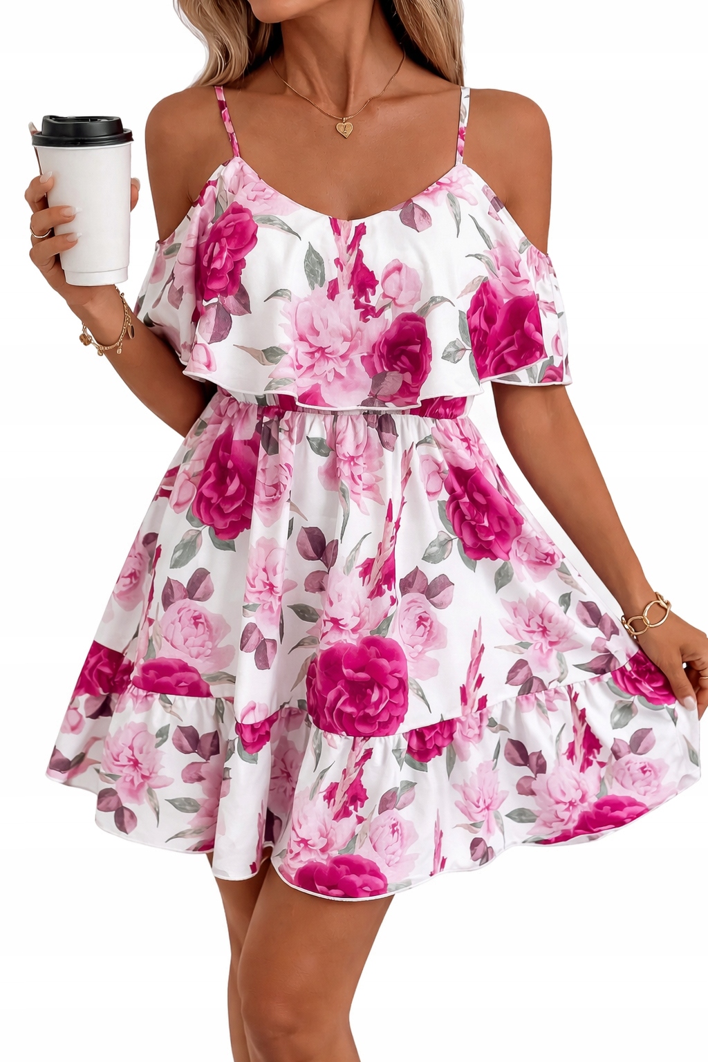 Sukienka damska hiszpanka kwiaty mini letnia na wesele falbana różowa