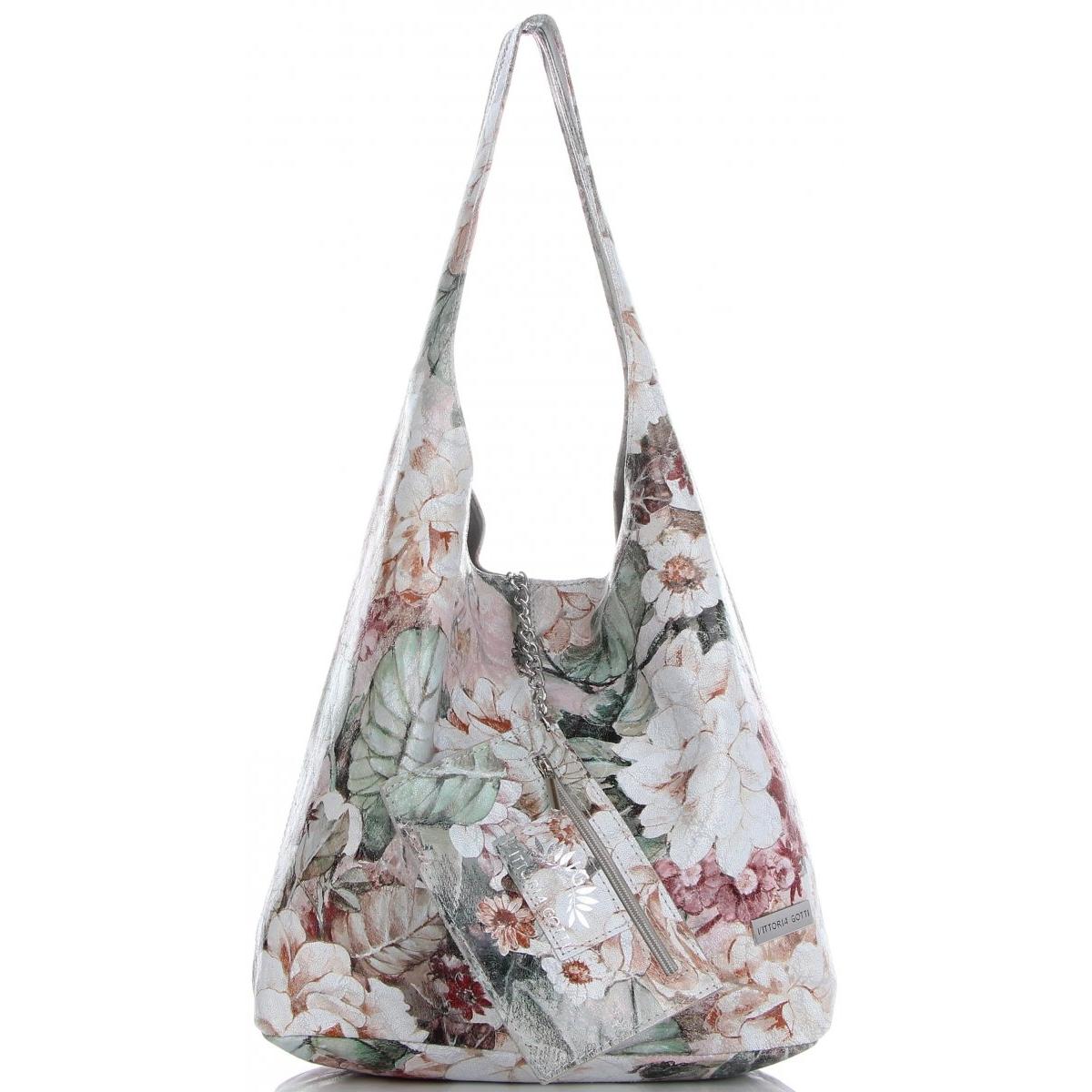 Kožená nákupní taška s květinami Vittoria Gotti Světle šedá