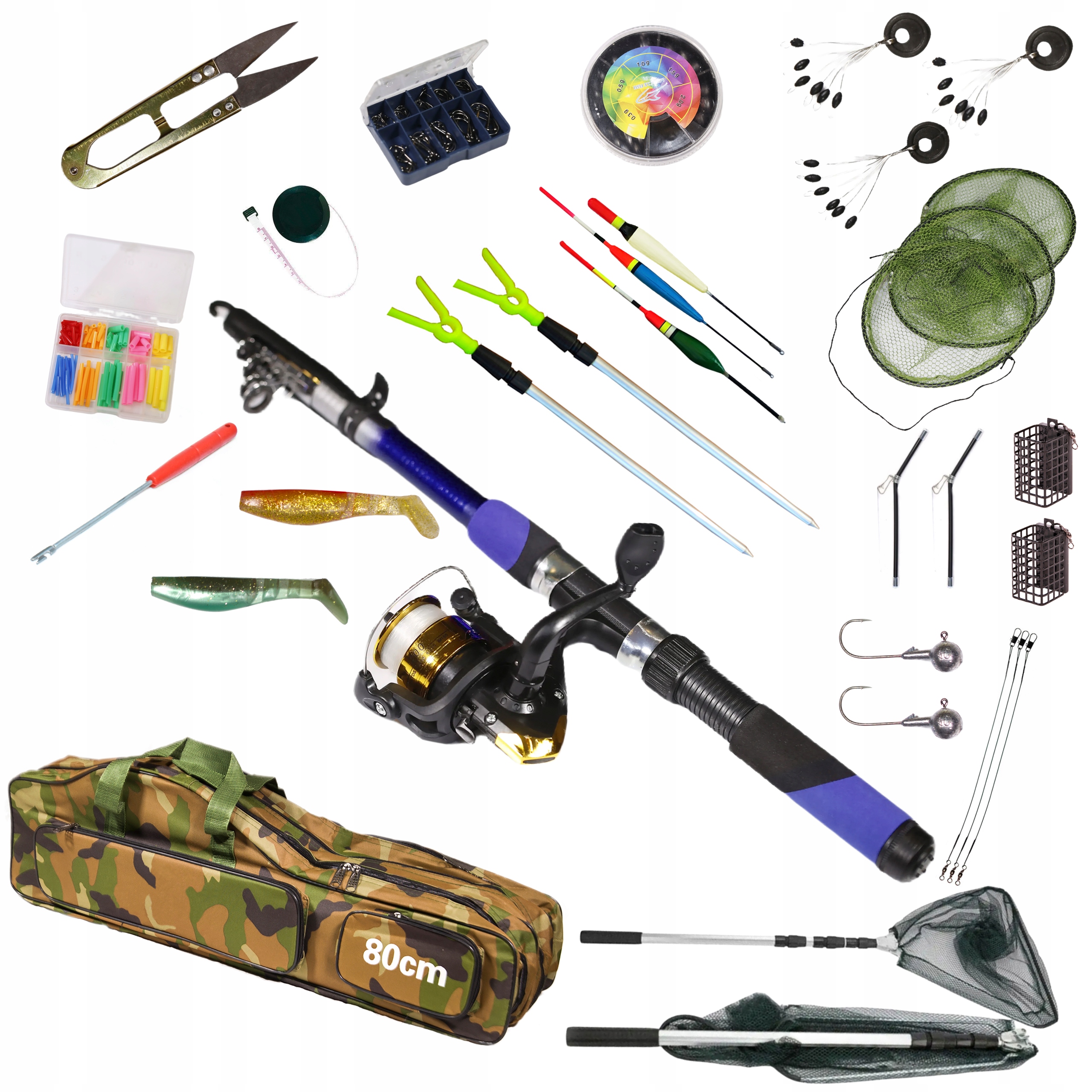 Rybářský Set splávek, zemina, spinning podběrák součástí balení SADA-W-26