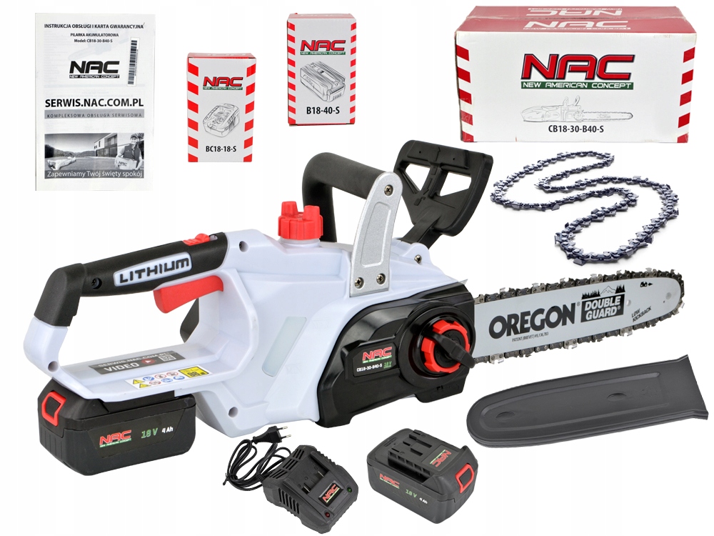 Piła Łańcuchowa Akumulatorowa Nac 18 V Akumulator 4 Ah Osprzęt Oregon
