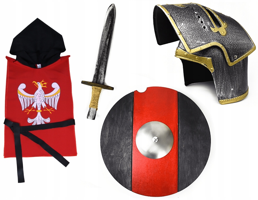 ZESTAW RYCERSKI MIECZ HEŁM TARCZA TUNIKA MAŁA KOSTIUM PRZEBRANIE RYCERZ