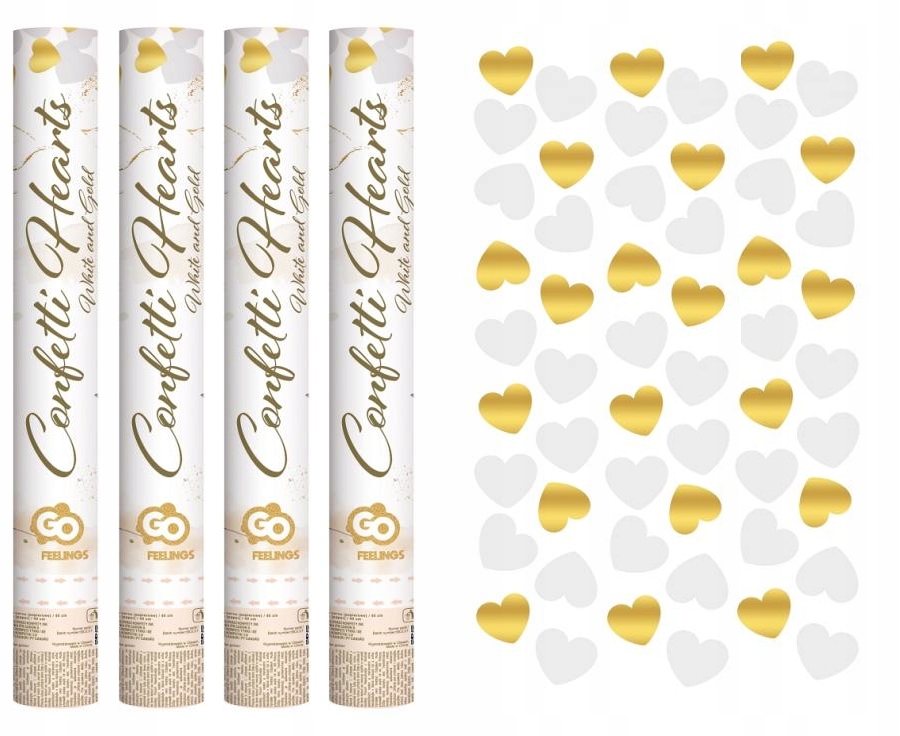 

Tuby Konfetti Strzelające Serca Białe Złote 40cm