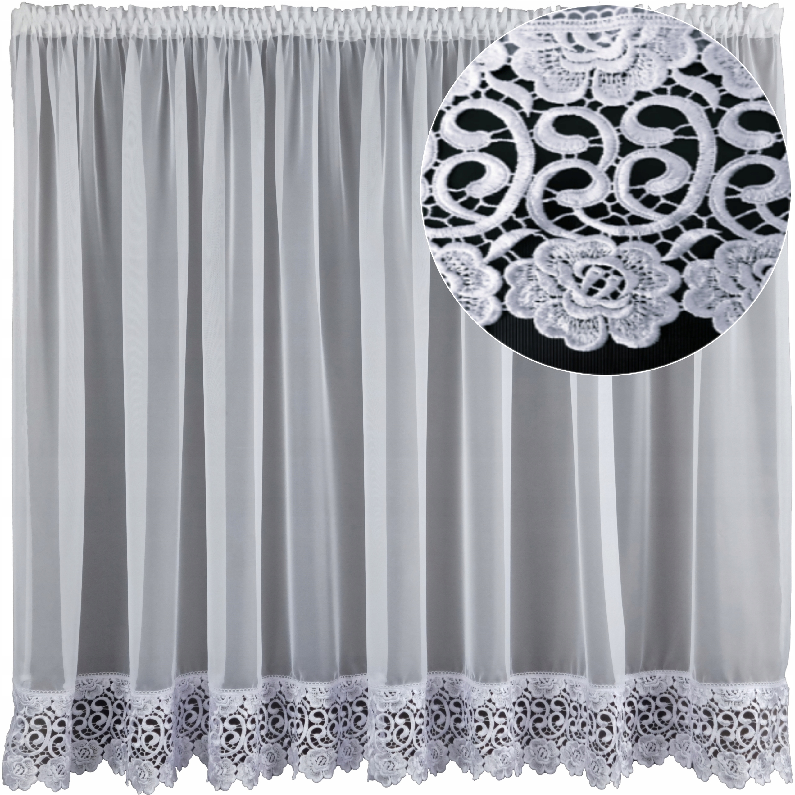 Firana prosta 600x220 gotowa woal taśma szeroka gipiura koronka Róża 20cm