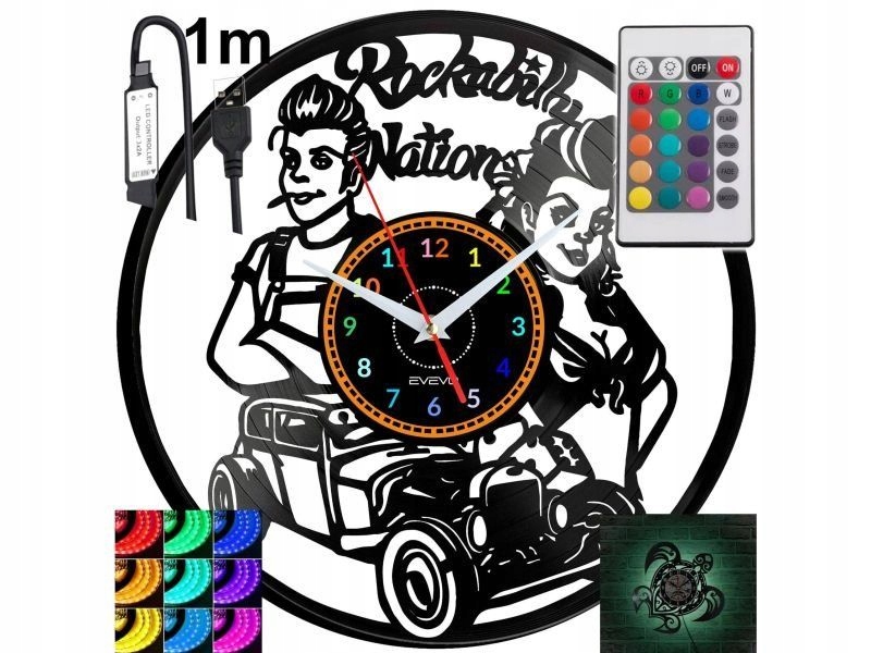 Rockabilly Nástěnné podsvícené Led hodiny Rgb na dálkové ovládání Vinylová deska Now