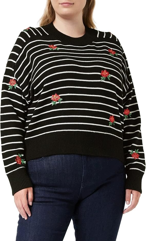 Desigual Černý Pruhovaný Svetr S Vyšívanými Růžemi, Velikost 7FA