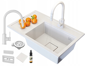 Dřez Granitové Bílé Moderní Kuchyňská Baterie Sada Rendo Pravá Komora