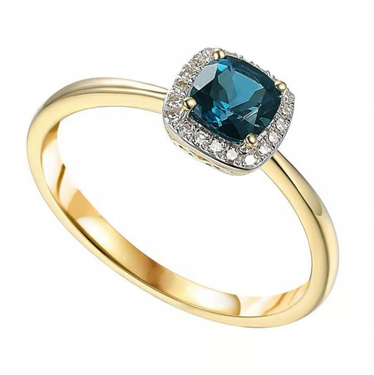 Złoty Pierścionek Naturalny Topaz London Blue i Diamenty Próba 585