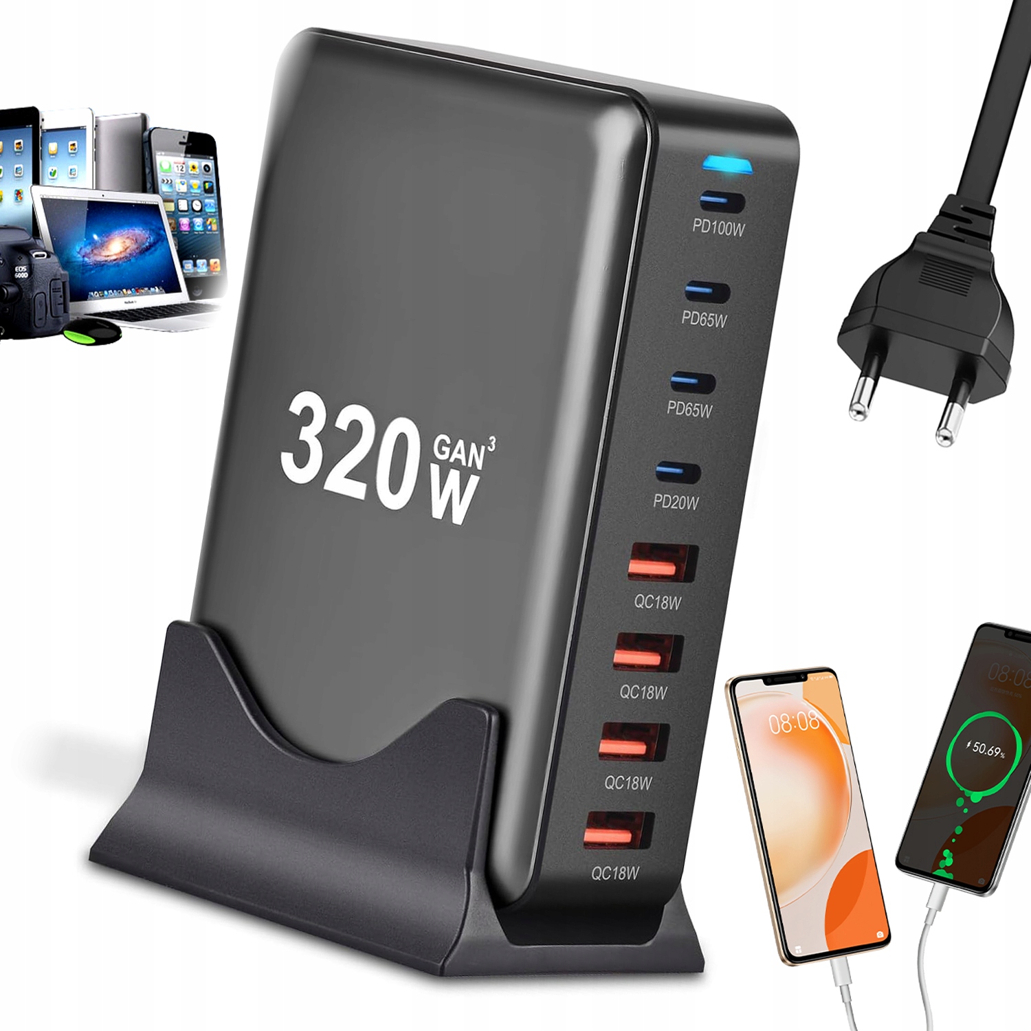 Ładowarka 8 Portów 320W GaN 100W Pd Do Laptopa Qc 3.0 Do Telefonu Tablet