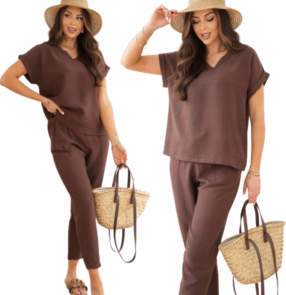 Módní Dámský Komplet Boho Elegantní Kalhoty Halenka Letní Set Hnědý