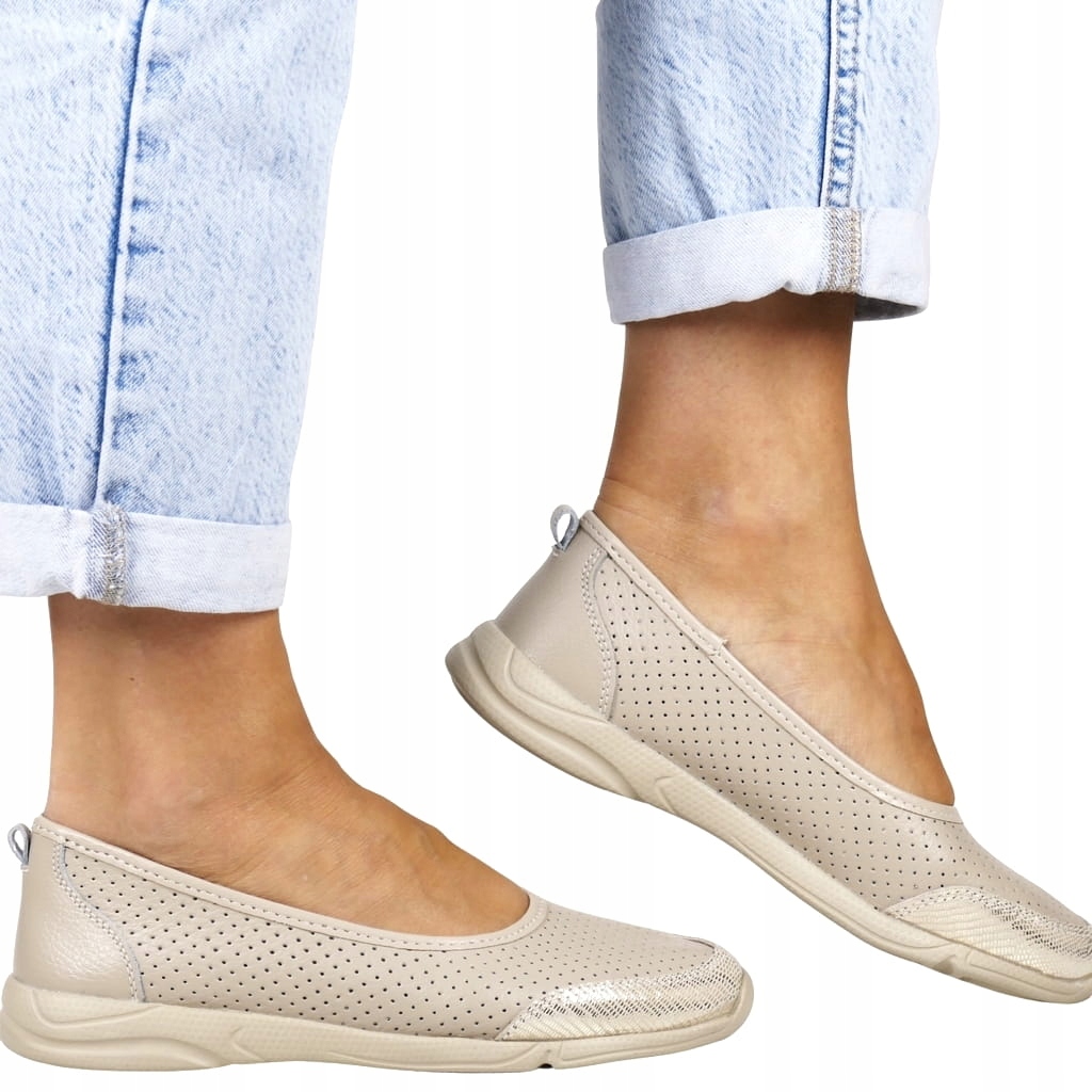 Béžové Sportovní Polobotky, Kožené Baleríny, Lehké, Měkké, Pohodlné Na Léto