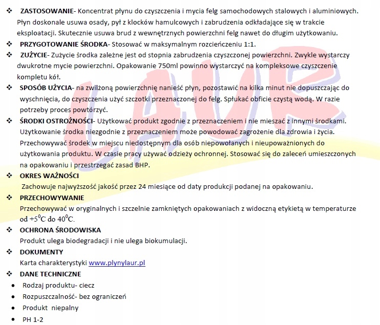 KONCENTRAT PŁYNU DO MYCIA FELG SAMOCHODOWYCH (OP.1L) PŁYN LAUR FL-5000 Producent Laur