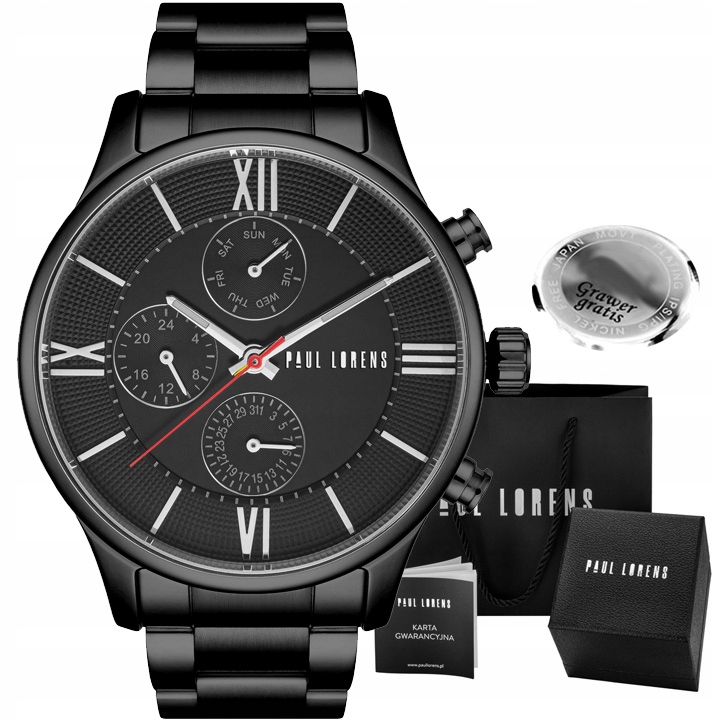 Pánské hodinky Paul Lorens Savres černé multidatovač Box Gravírování