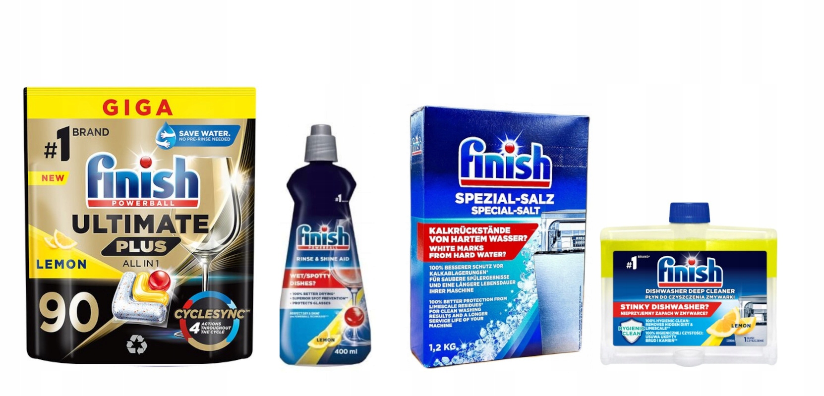 Finish Ultimate Caps 90sz +nabłyszczacz 400 Sól 1,2kg+ Czyścik Lemon 250