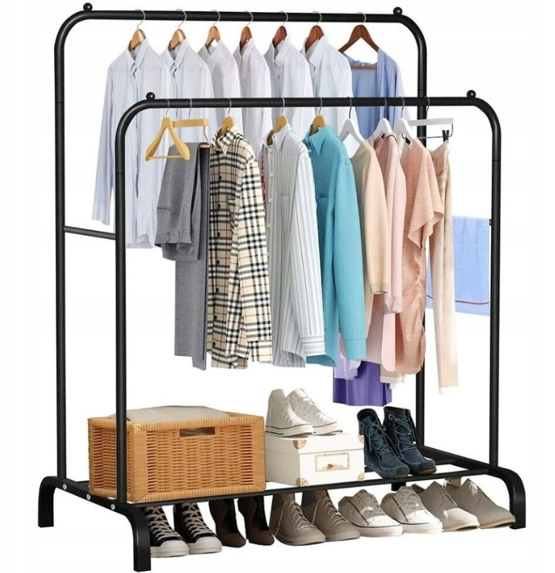 WIESZAK STOJĄCY NA UBRANIA BUTY PODWÓJNY STOJAK LOFT METALOWY CZARNY DUŻY