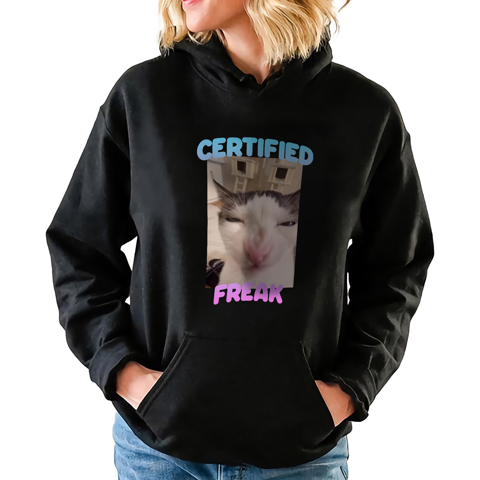 Černá mikina s kapucí Kočka Certifikovaná Freak Zábavné Grafiky Vel M