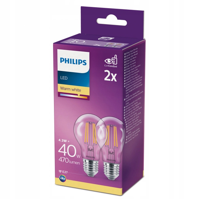 

2x Żarówka E27 Philips Led 4W 40W Filament Retro