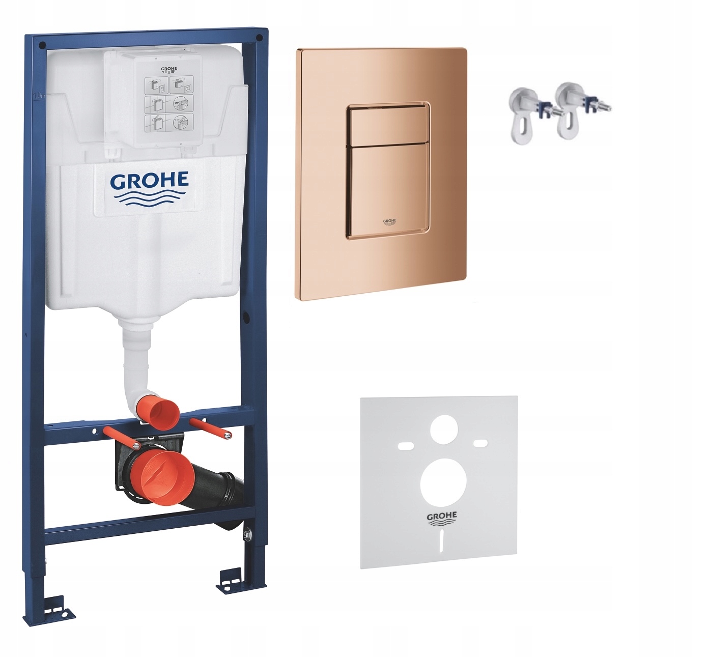 Kompletný podomietkový Wc set 5v1 – rošt GROHE+tlačidlo, lesklá meď