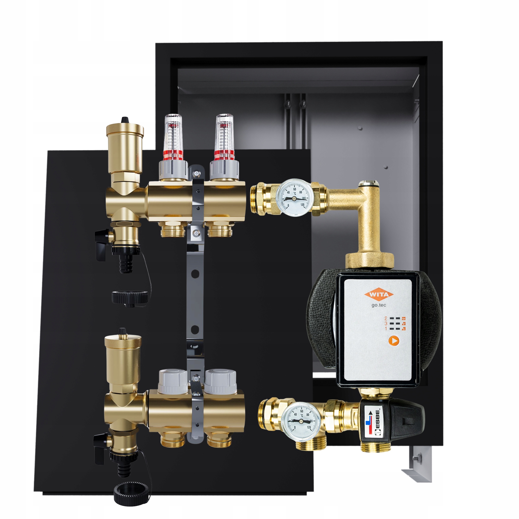 Rozdělovač pro podlahu 2 okruhy s skupinou Wita podomítková skříňka Černá