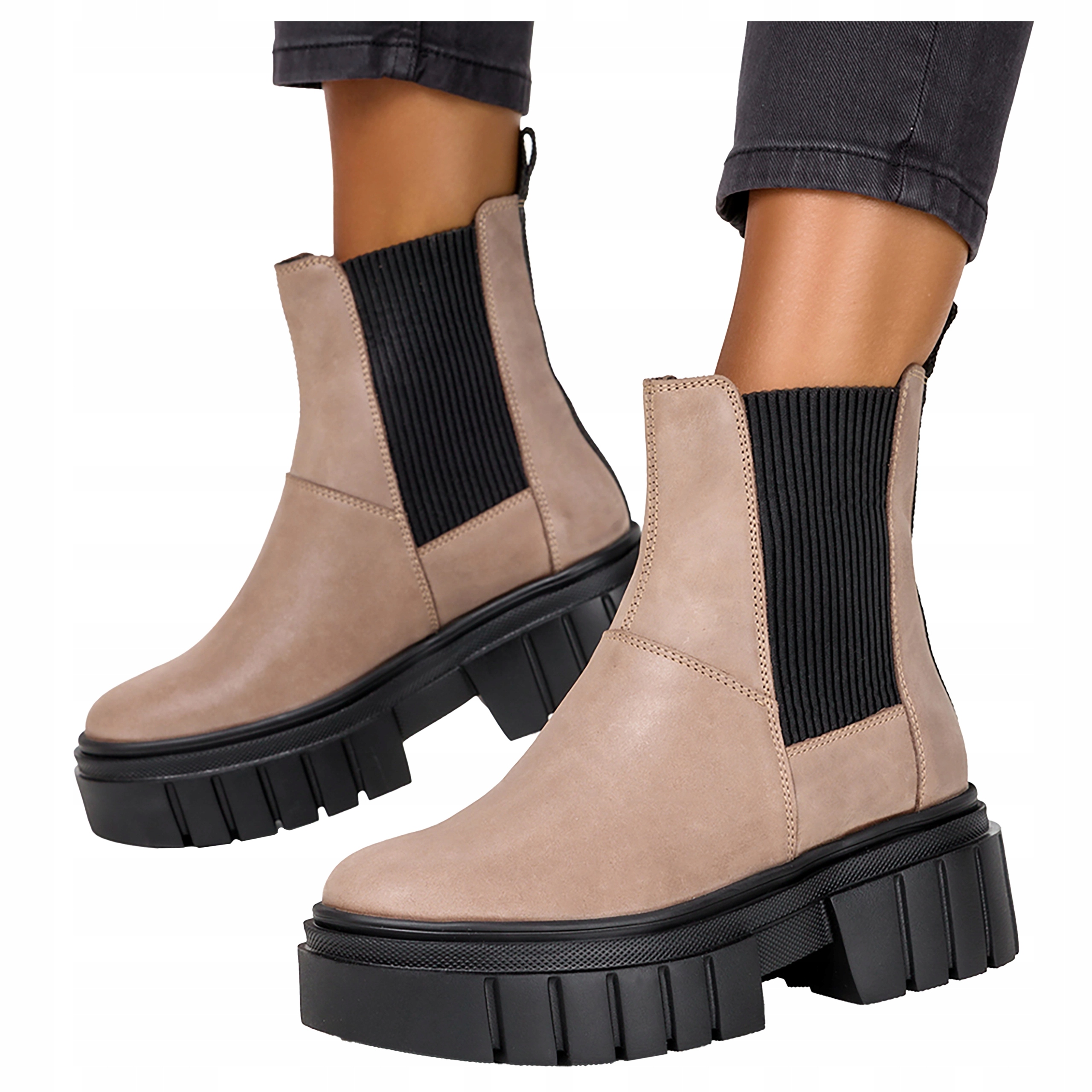 Kožené Béžové Kotníkové Boty Zimní zateplené na platformě Polský Výrobek vel. 36