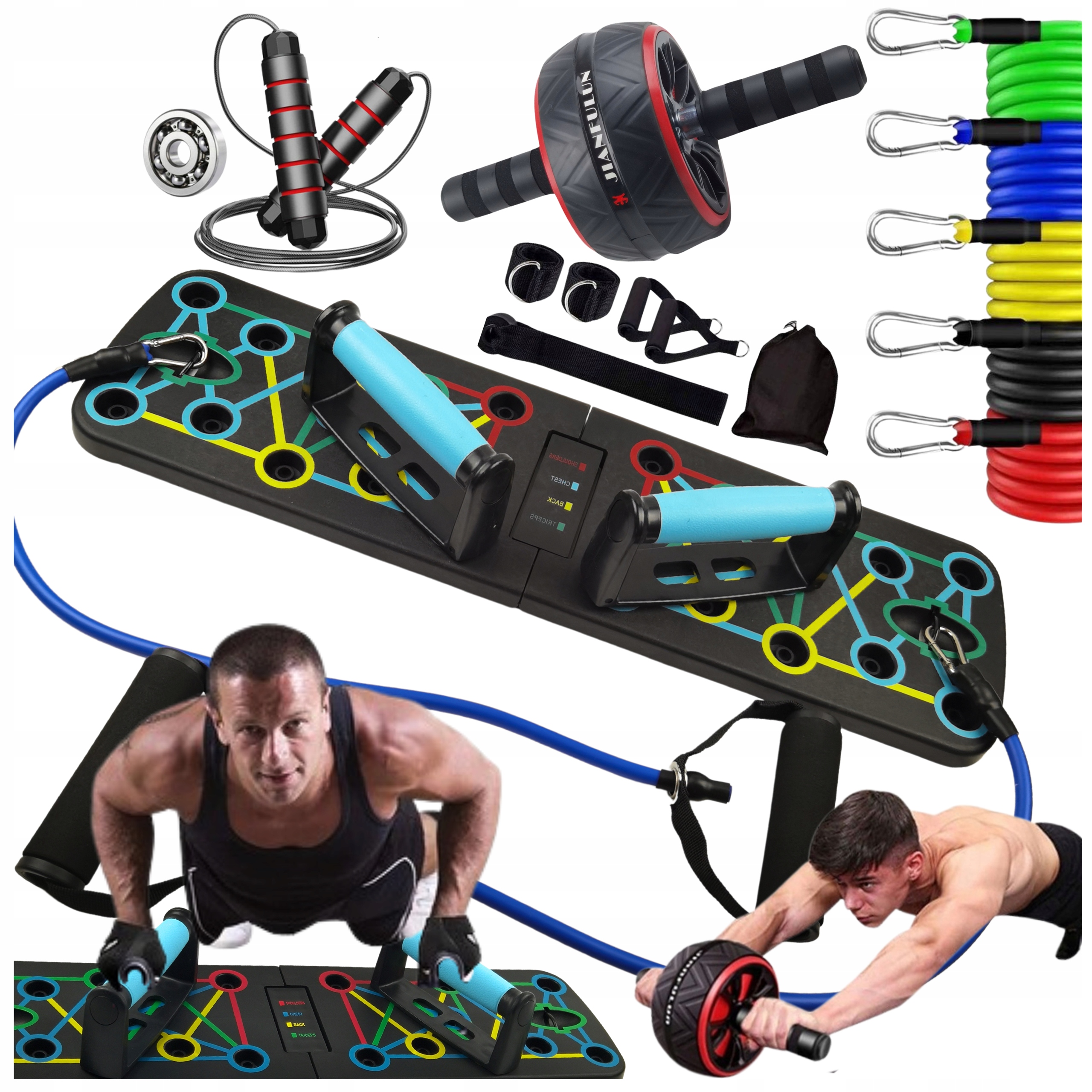 Zestaw Do Treningu W Domu Deska Do Pompek Gumy Oporowe Ab Wheel Skakanka