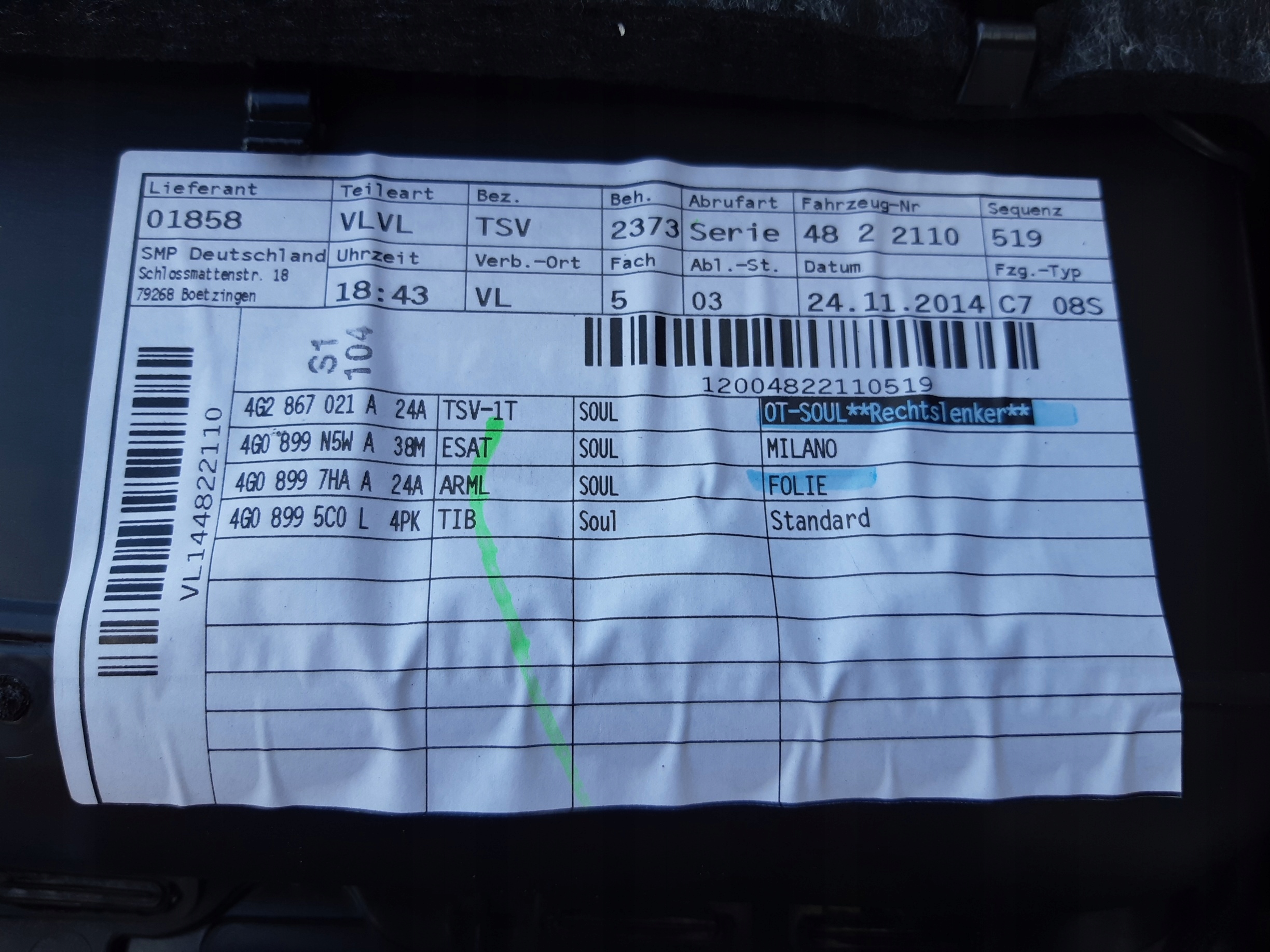 AUDI A6 C7 LIFT side door upholstery left front 4G1867105