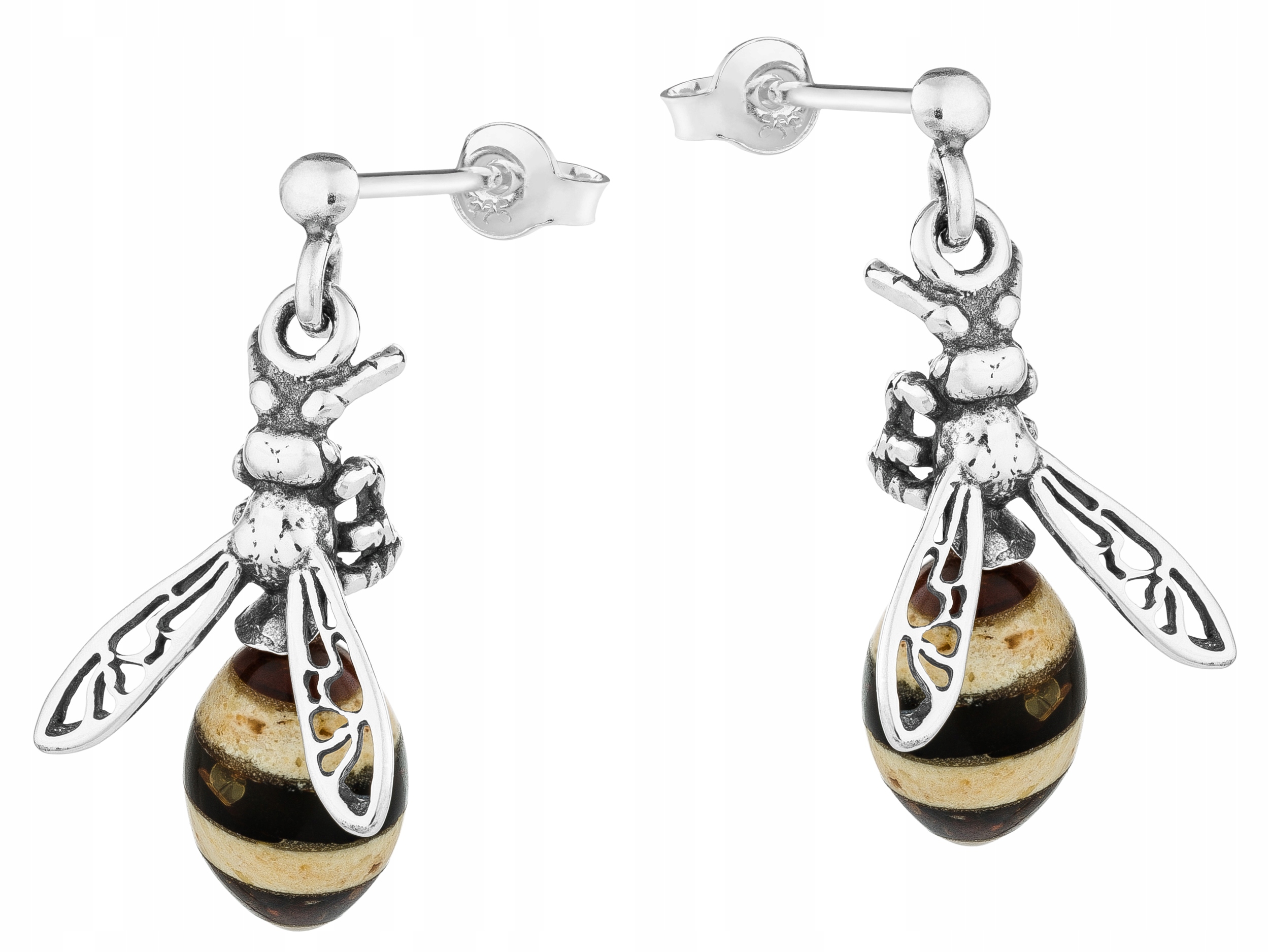 Kolczyki Srebrne Wkrętki Pszczółki z Bursztynem Oksydowane Pszczoły Sztyft