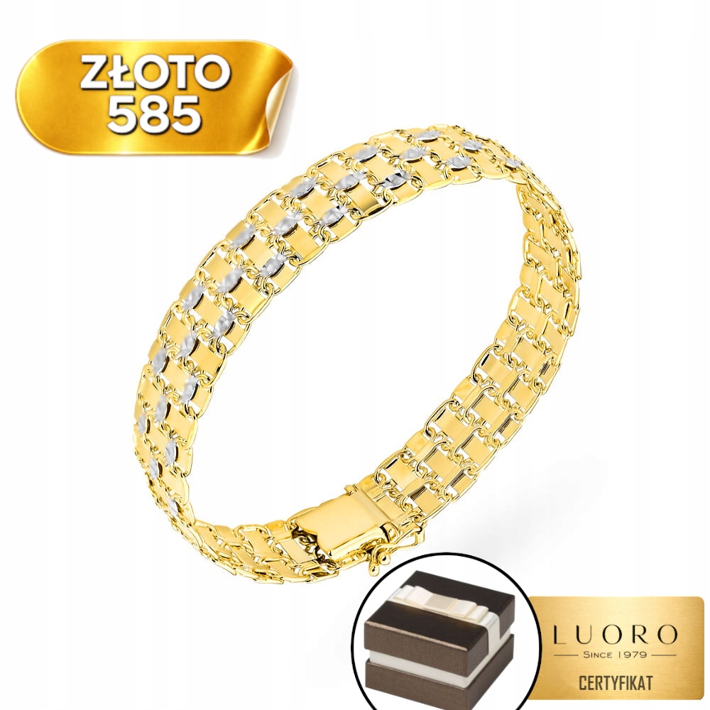 Zlatý Náramek 585 14K Široký Diamantový 11 MM 18,5 CM Elegantní