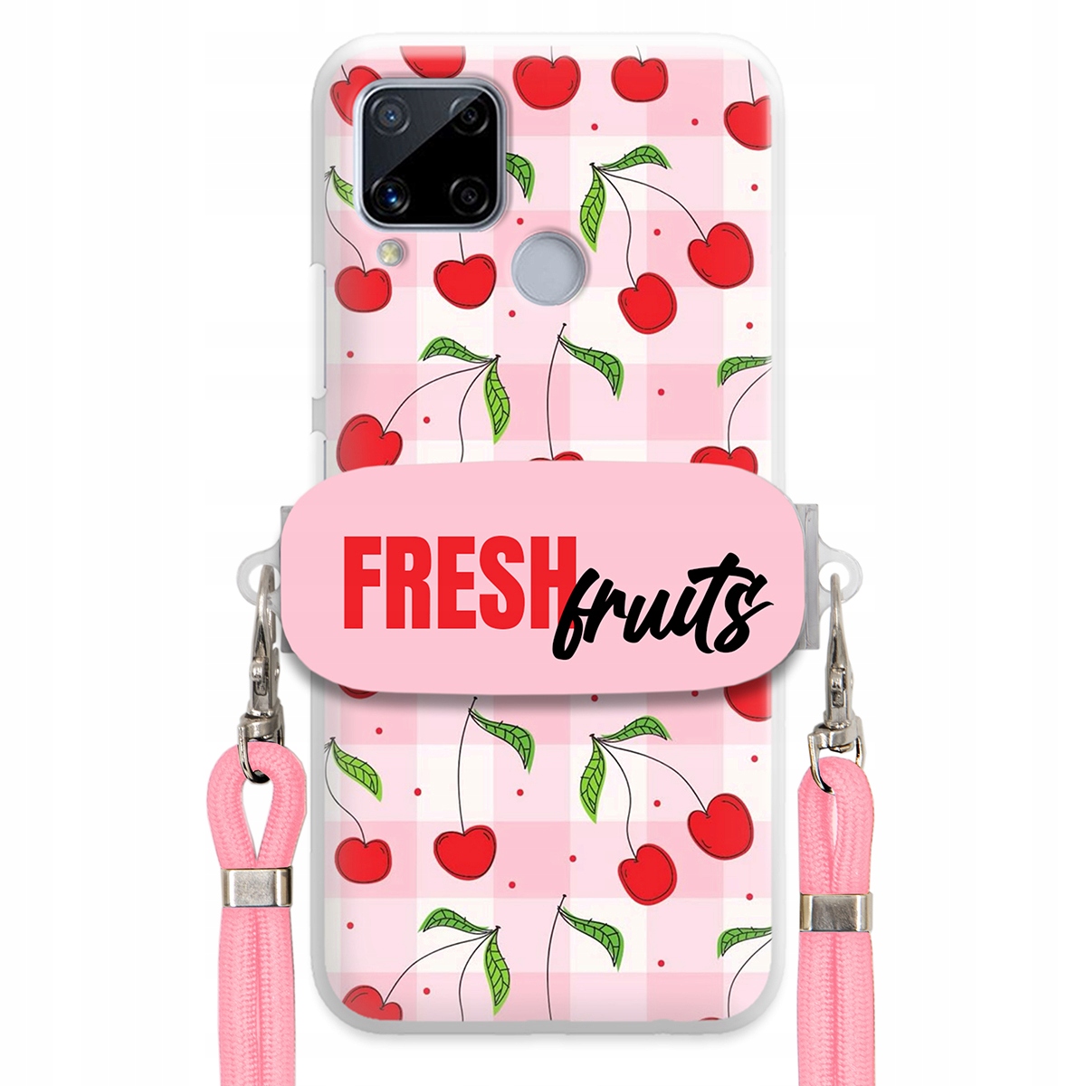 Puzdro na Realme C15 Case držiak na šnúrku Ružový Fresh Fruits Mriežka Ovocie