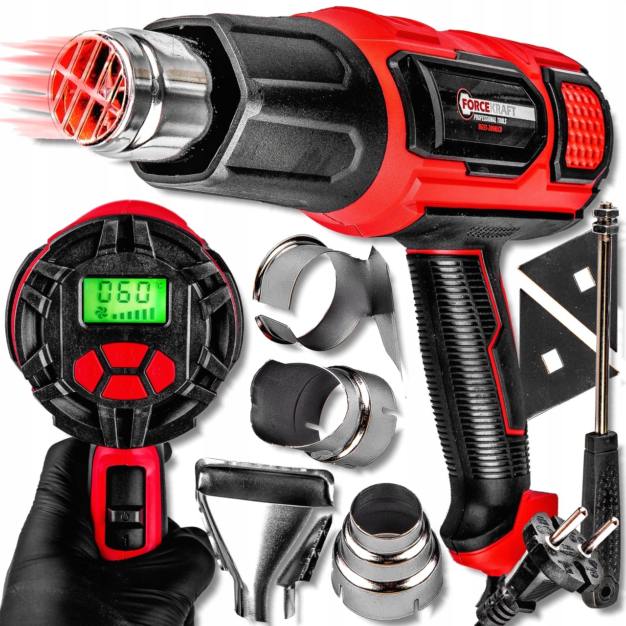 Elektrická Horkovzdušná Pistole horkovzdušná pistole barvy na dřevo, 4 trysky, 2 rychlosti, 2000 W Forcekraft