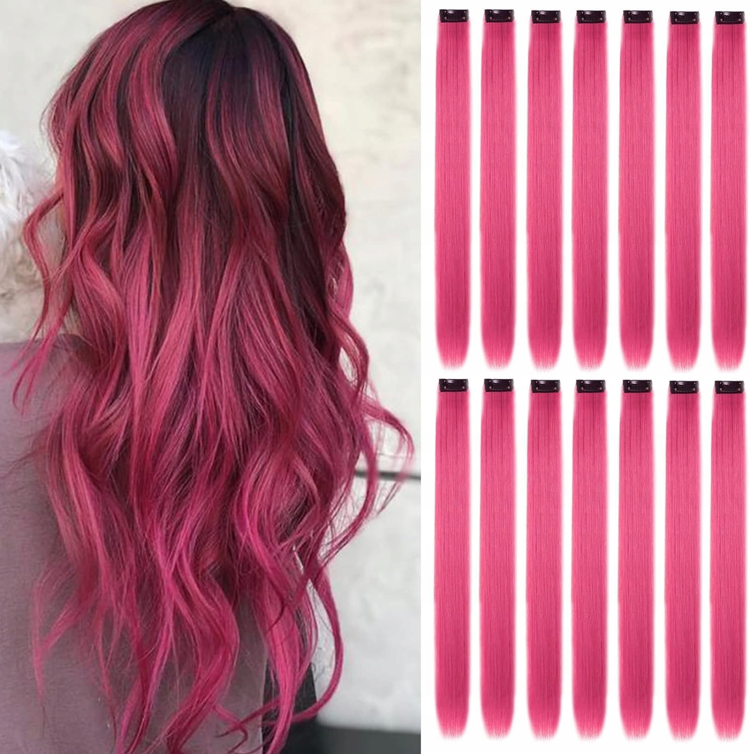 Paruka s dlouhými syntetickými vlasy 16 x Růžové Koncovky Do Vlasů