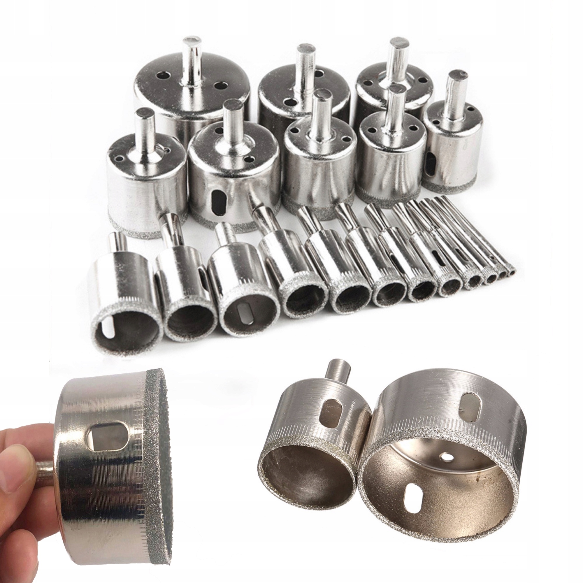 ZESTAW SOLIDNYCH OTWORNIC DIAMENTOWYCH 20 SZT 2-50 MM DO PŁYTEK SZKŁA