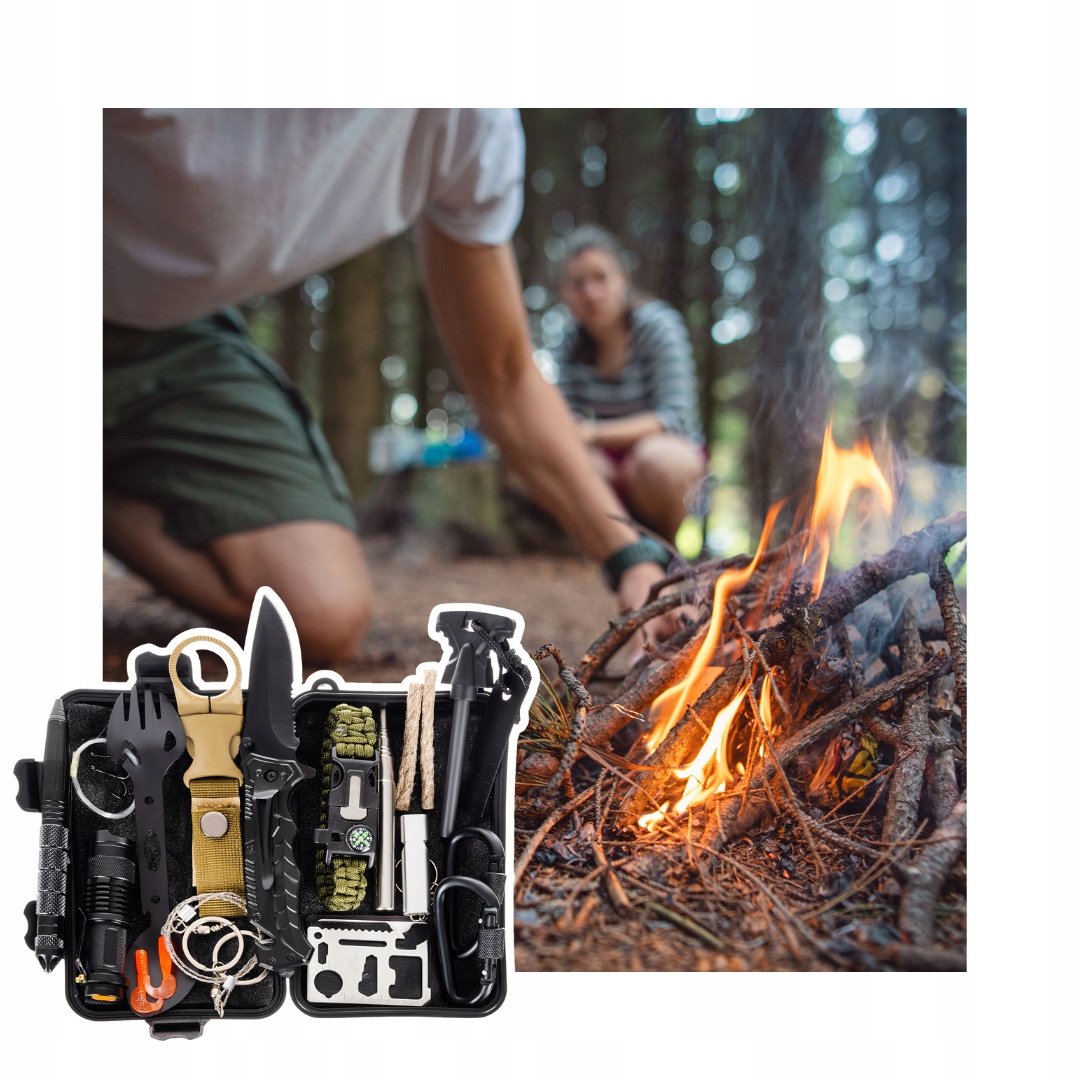 PLECAK 35L ŚPIWÓR + ZESTAW TURYSTYCZNY PRZEŻYCIA EWAKUACYJNY KIT NÓŻ XXL Kolor dominujący czarny