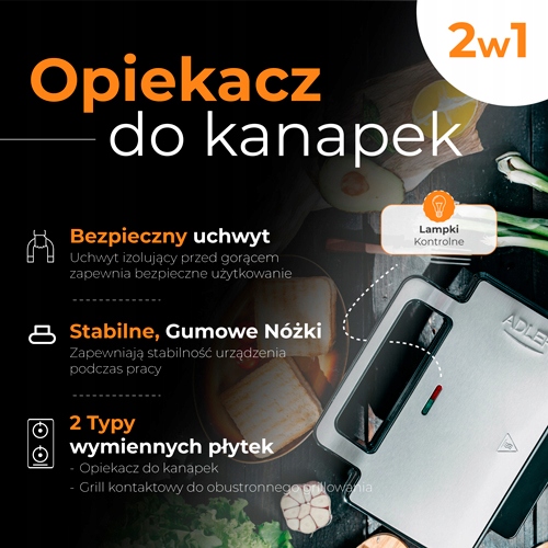 Opiekacz do Kanapek 2 w 1 Adler AD 3073 Grill Kontaktowy 1400W