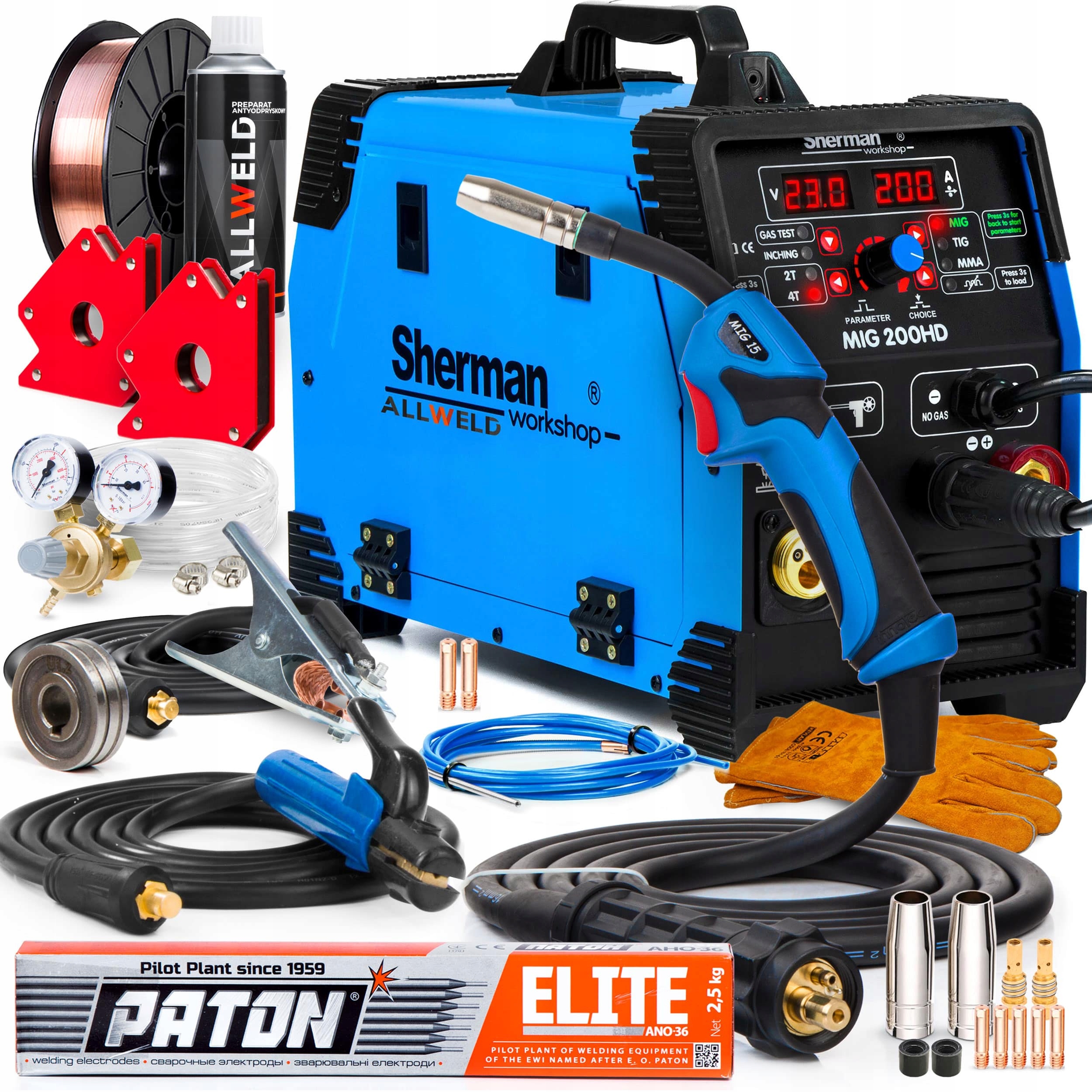 PÓŁAUTOMAT SPAWALNICZY SPAWARKA SHERMAN MIG 200 HD MMA TIG 200A 230V 3W1