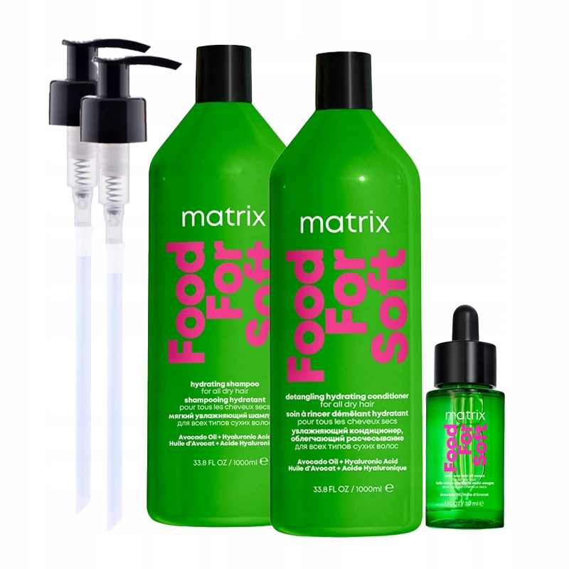 Food For Soft zestaw: olejek 30 ml + szampon 1000 ml + odżywka 1000 ml + pompka